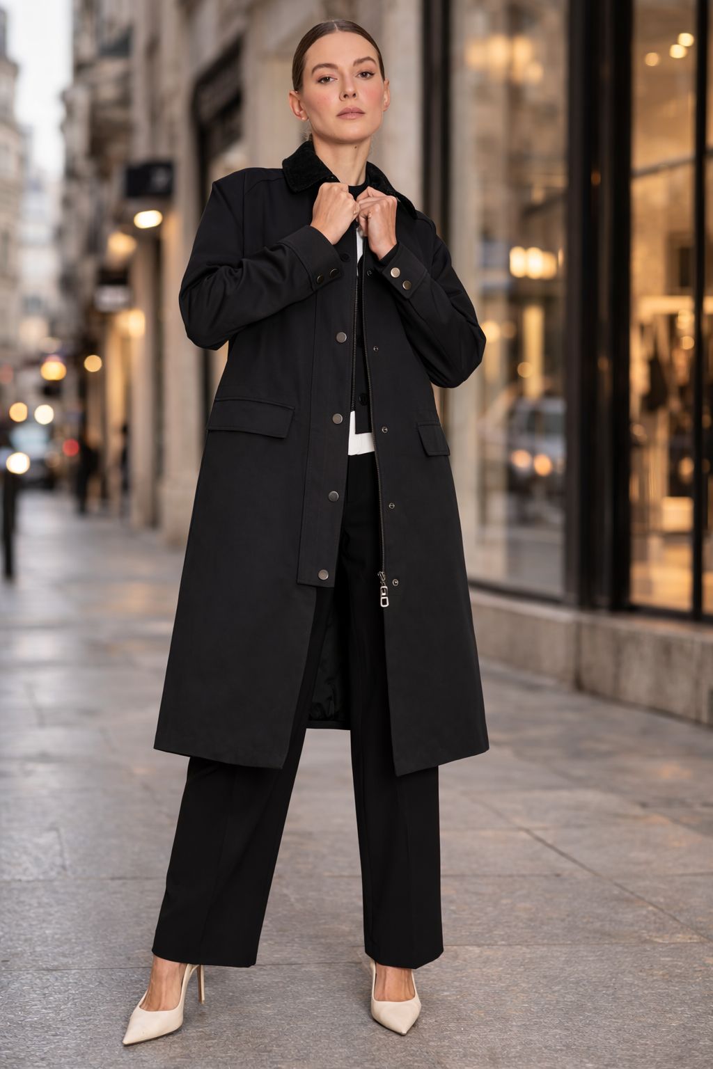 Langer Trenchcoat mit Samtkragen und Reißverschluss