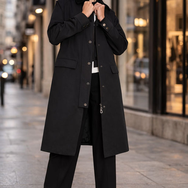 Langer Trenchcoat mit Samtkragen und Reißverschluss