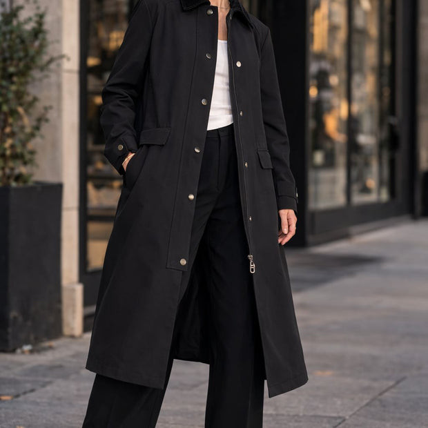 Langer Trenchcoat mit Samtkragen und Reißverschluss