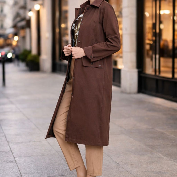 Langer Trenchcoat mit Samtkragen und Reißverschluss